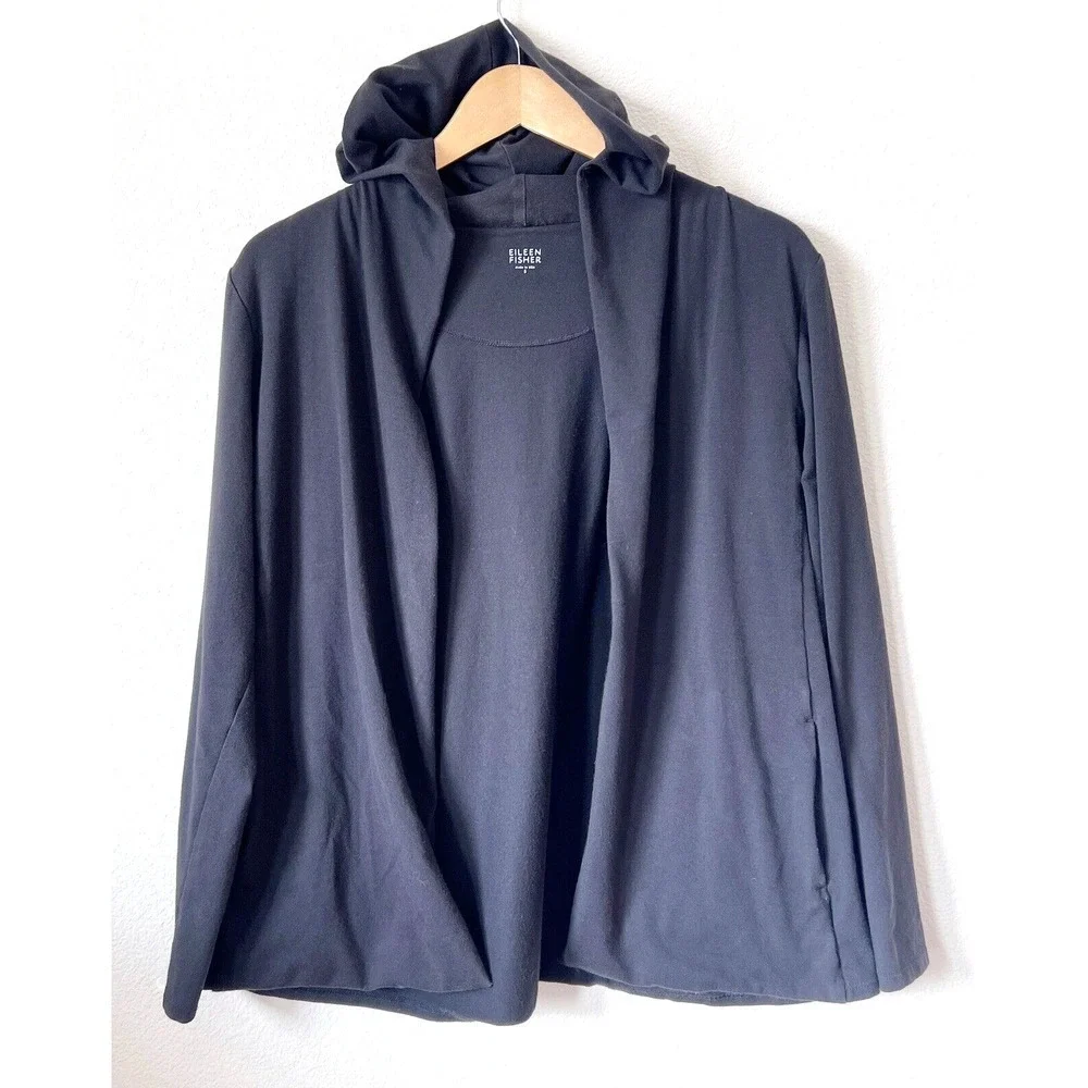 Eileen Fisher Open Hooded Cardigan Organic Cotton Black Size Small USA Pockets - Picture 1 of 5